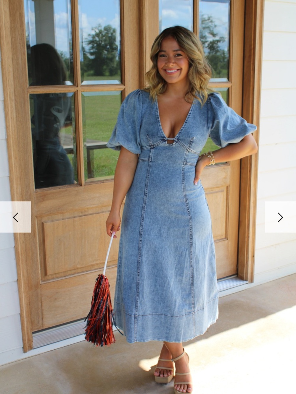Denim Midi Dress with Puff Sleeves